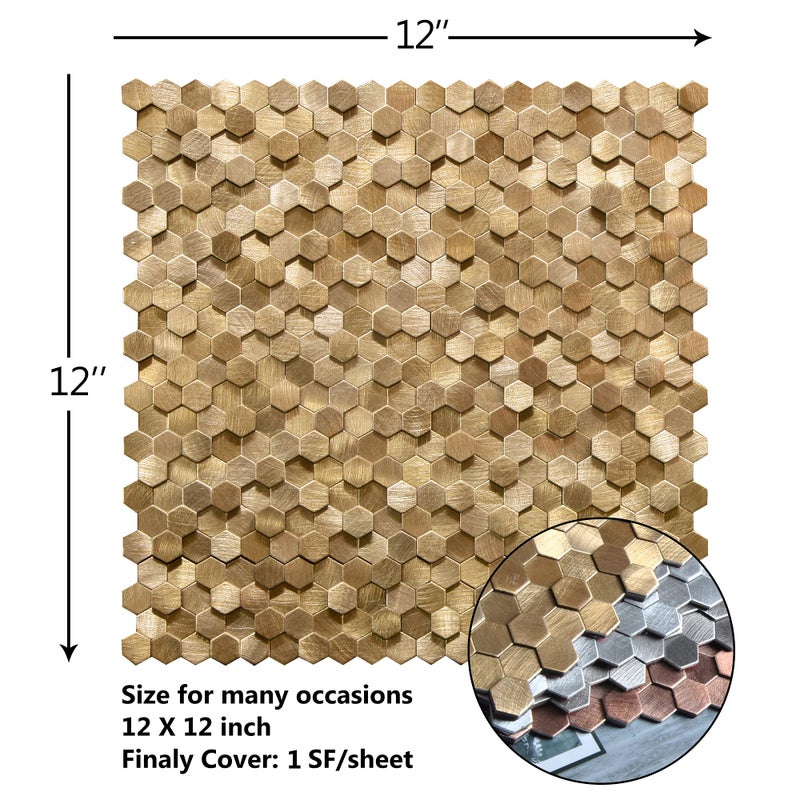 KASARO Peel and Stick Backsplash for Kitchen, 8 Pieces 3D Gold Hexagon Metal Mosaic Self Adhesive Wall Tiles Decorative for Living Room, Bathroom, Fireplace, 12â€x12â€ - Image 2